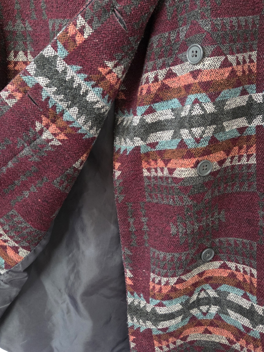 Burgundy Aztec Hooded Belted Trench Coat - Picture 3 of 3